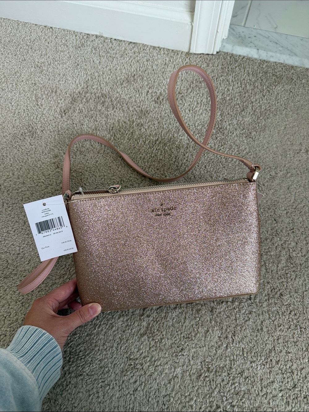 Kate Spade NWT Rose Gold Glitter Crossbody Pouch